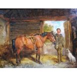 John Alfred Wheeler (1821-1903), Stable scene with horse, boy and dog, oil on board,