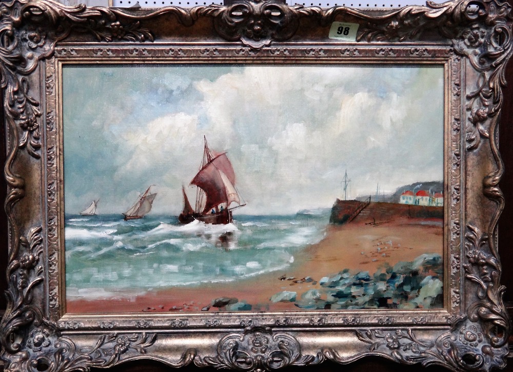 English School (19th/20th century), Vessels at sea; Vessels off the coast, a pair, oil on canvas,