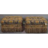 A pair of 20th century square upholstered footstools with tasselled borders, 73cm wide x 39cm high.