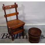 A set of late Victorian mahogany folding library steps and a 19th century oak brass bound bucket,
