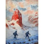 Attributed to Konrad Schikaneder (1888-1958), Skiers in a mountainscape, watercolour,