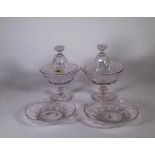 A pair of glass bon bon dishes, covers and stands, possibly French, circa 1870, circular form,