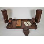 Collectables, including; pair of hardwood trays with carved animal handles, wooden box,,