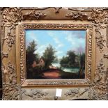 English School (19th century), Landscape with riverside cottage, oil on canvas, 25cm x 29.5cm.