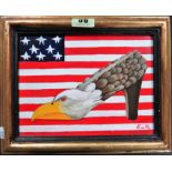 E. di R (20th century), Eagle shoe and American flag, oil on board, signed with initials, 14.
