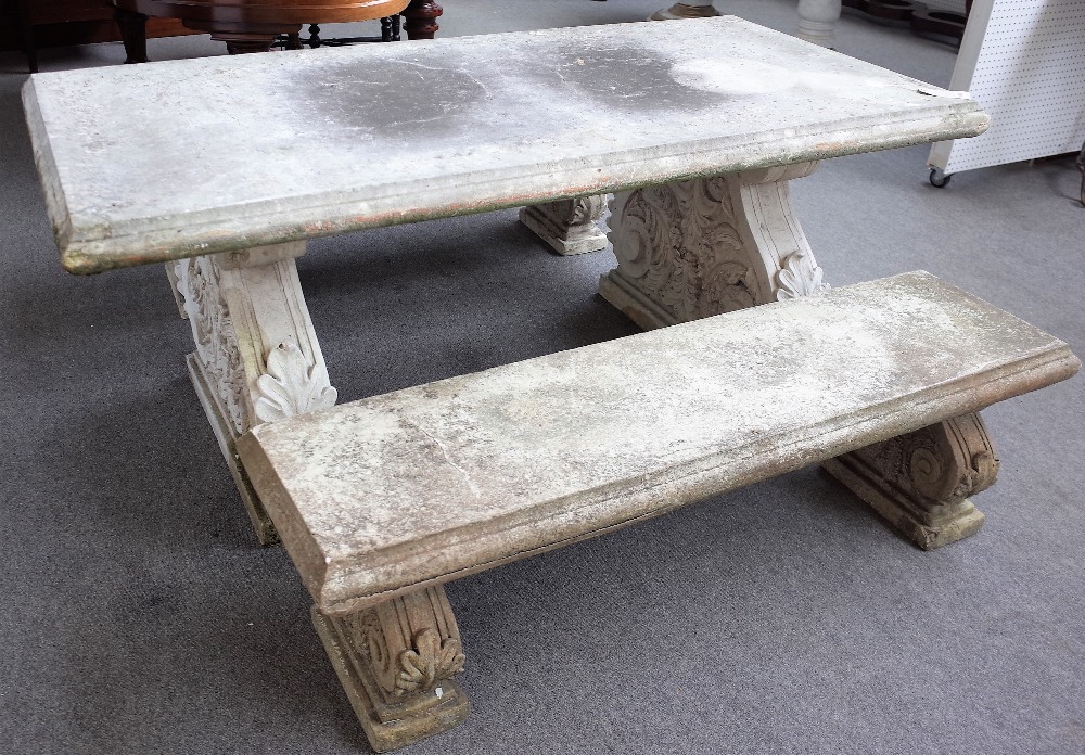 A faux stone rectangular garden table on a pair of acanthus scrolling trestle supports, - Image 4 of 4
