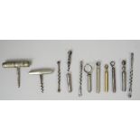 Three 19th century English peg and worm steel corkscrews,