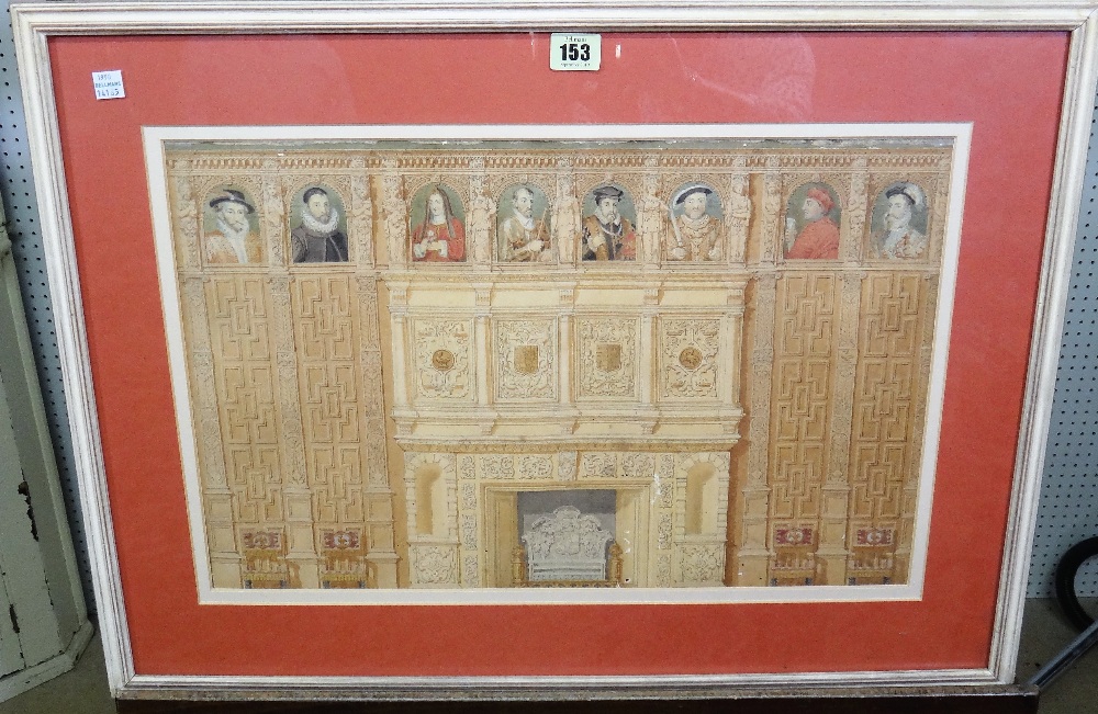 English School (19th century), A view of a decorative panelled wall depicting the Tudor court,