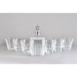 An Asprey glass and silver mounted decanter and stopper with six matching tumblers,