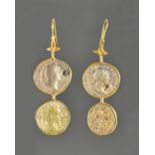 A necklace and a pair of earrings formed as a row of mounted gilt, mostly Roman coins,