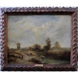 Follower of Patrick Nasmyth, Landscape with figures and animals, a windmill beyond, oil on panel,