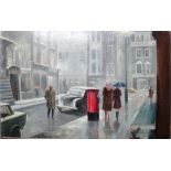 Robert Dumont-Smith (b. 1908), Snowy street scene, oil on board, signed, unframed, 50cm x 76.5cm.