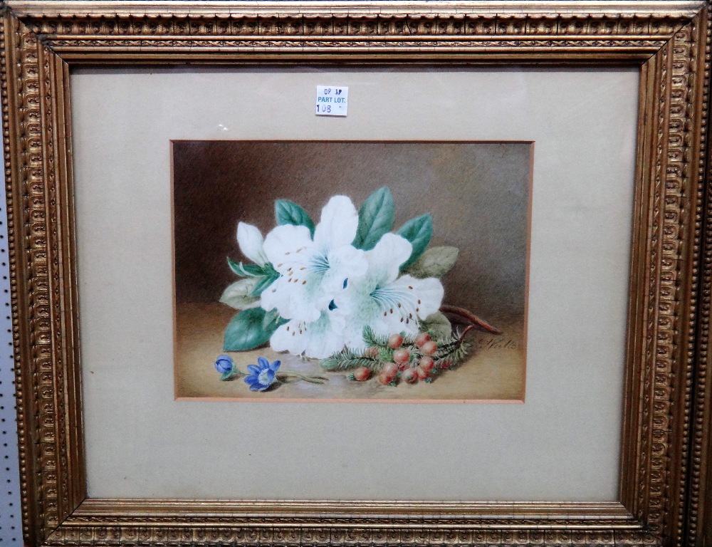 E. Walter, (exh. 1855-1891), Floral still lives, a pair, watercolour, both signed, each 17cm x 22cm. - Image 2 of 2