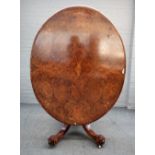 A Victorian figured walnut oval loo table, on turned column and four downswept supports,