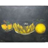 T** R**I** (20th century), Stilll life of bananas and other fruit, oil on canvas,