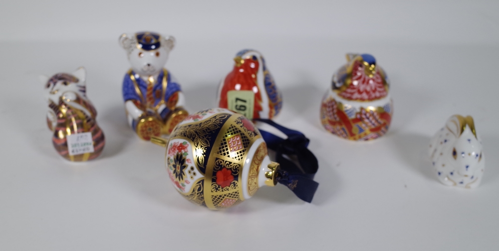 Six Royal Crown Derby Imari paperweights including a bauble, robin, chaffinch, Teddy bear,