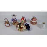 Six Royal Crown Derby Imari paperweights including a bauble, robin, chaffinch, Teddy bear,
