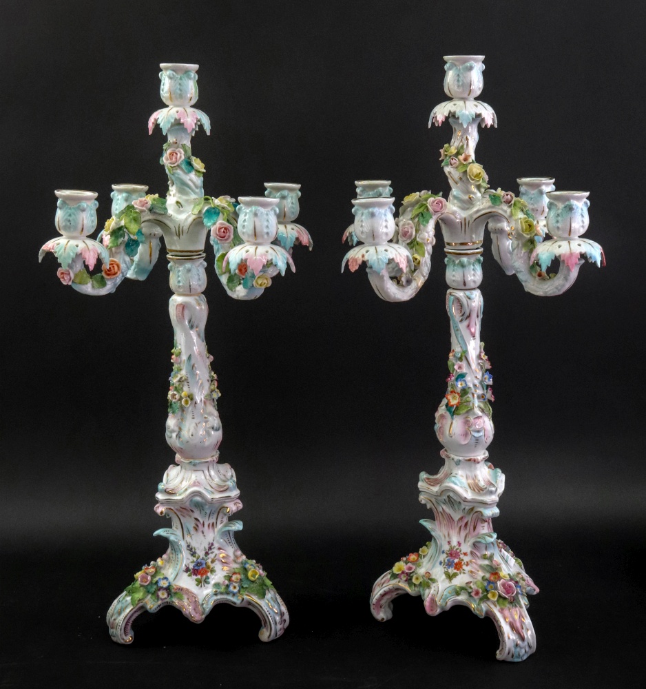 A pair of Sitzendorf five light candelabra, circa 1900,