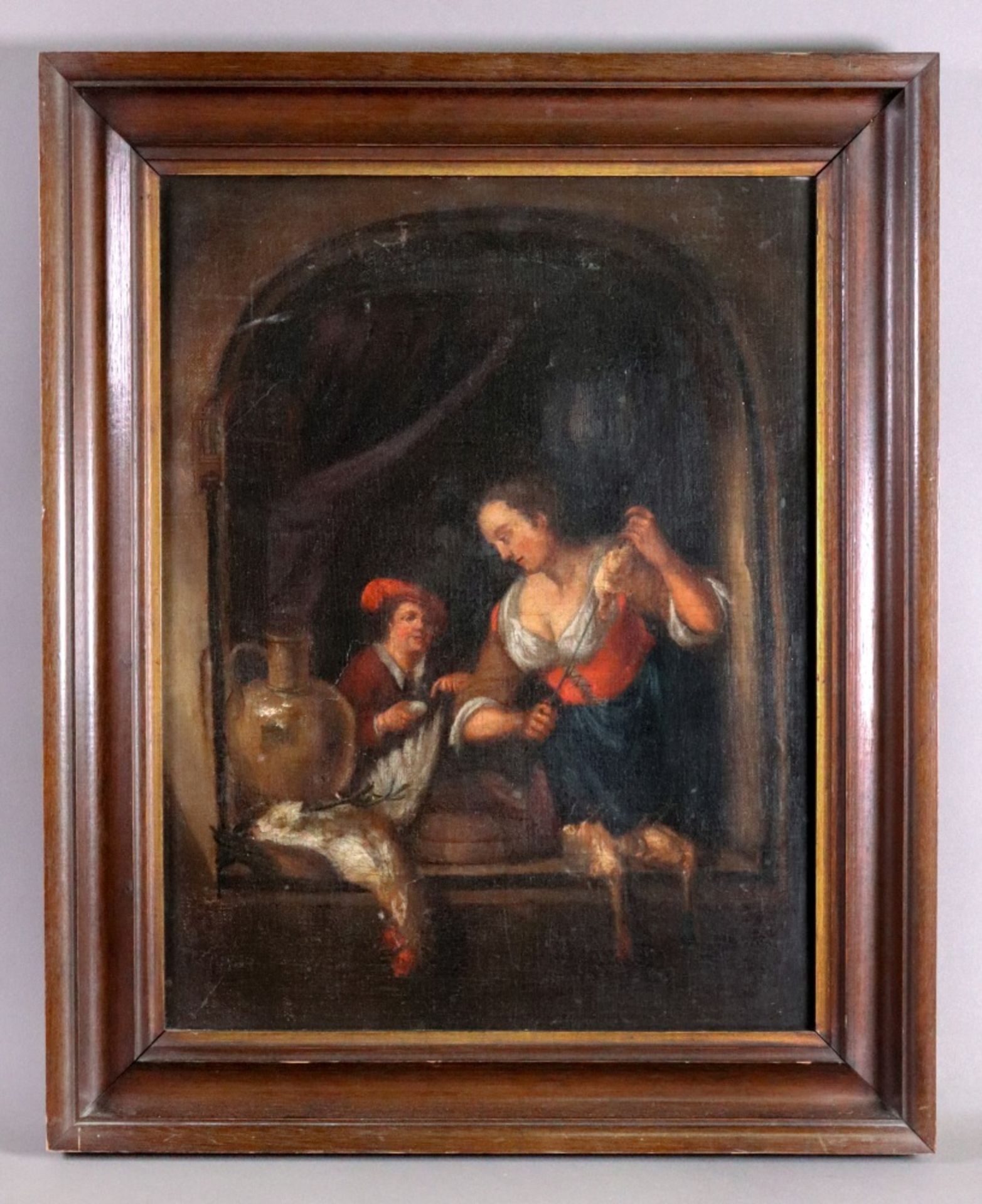 European School, 19th Century, A man and a woman with dead game, oil on canvas, 41 x 32cm. - Image 2 of 2