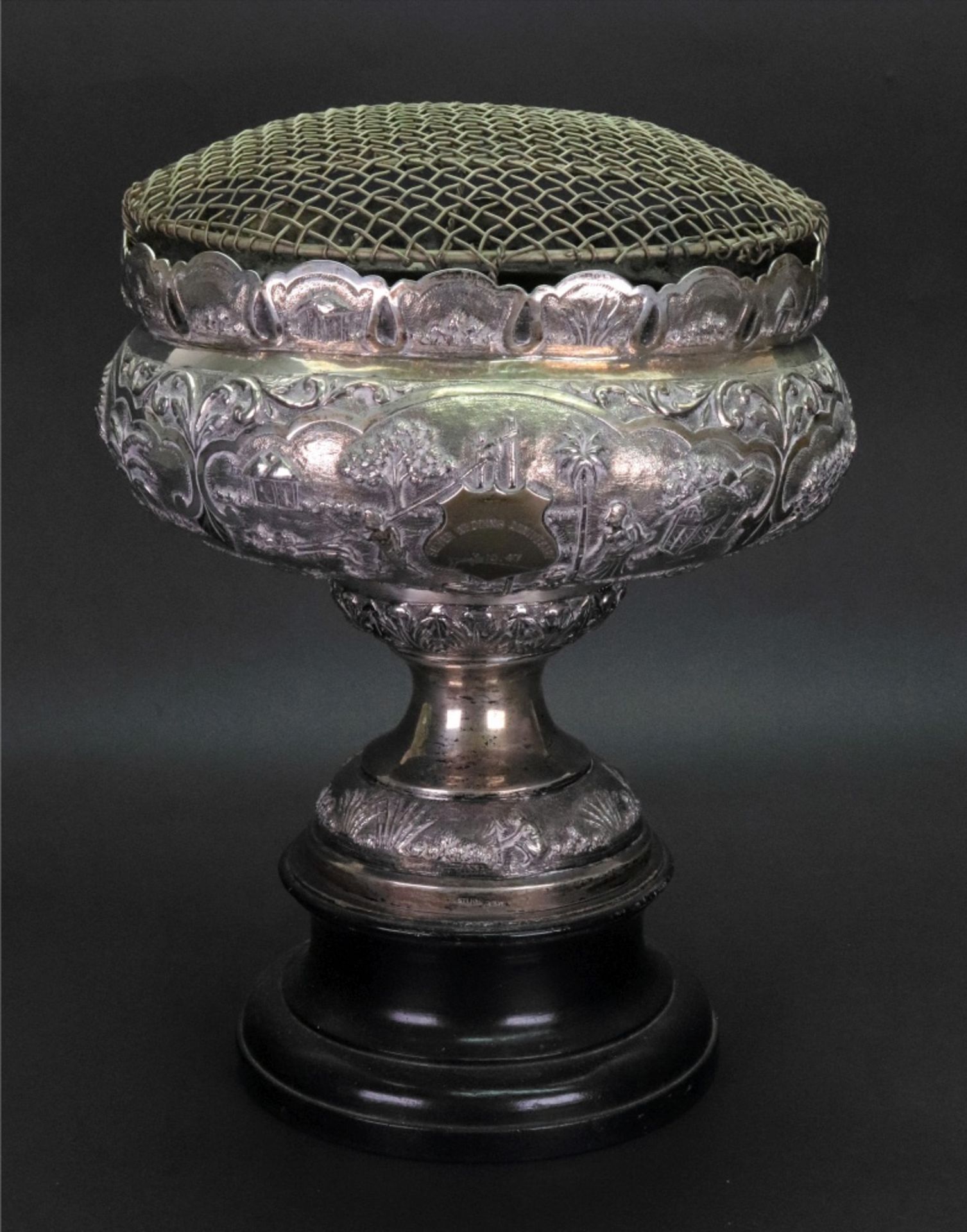 An Indian rose bowl, mid 20th century, detailed sterling silver,