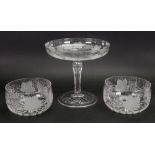 A set of 10 fruiting vine etched glass finger bowls, with star cut bases,
