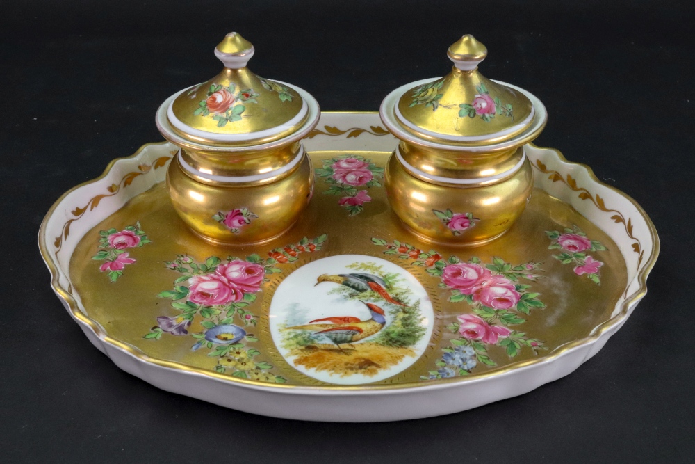 A continental porcelain gilt ground inkstand, French or German, early 20th century,