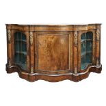 A Victorian figured walnut boxwood strung and inlaid gilt metal mounted credenza, circa 1870,