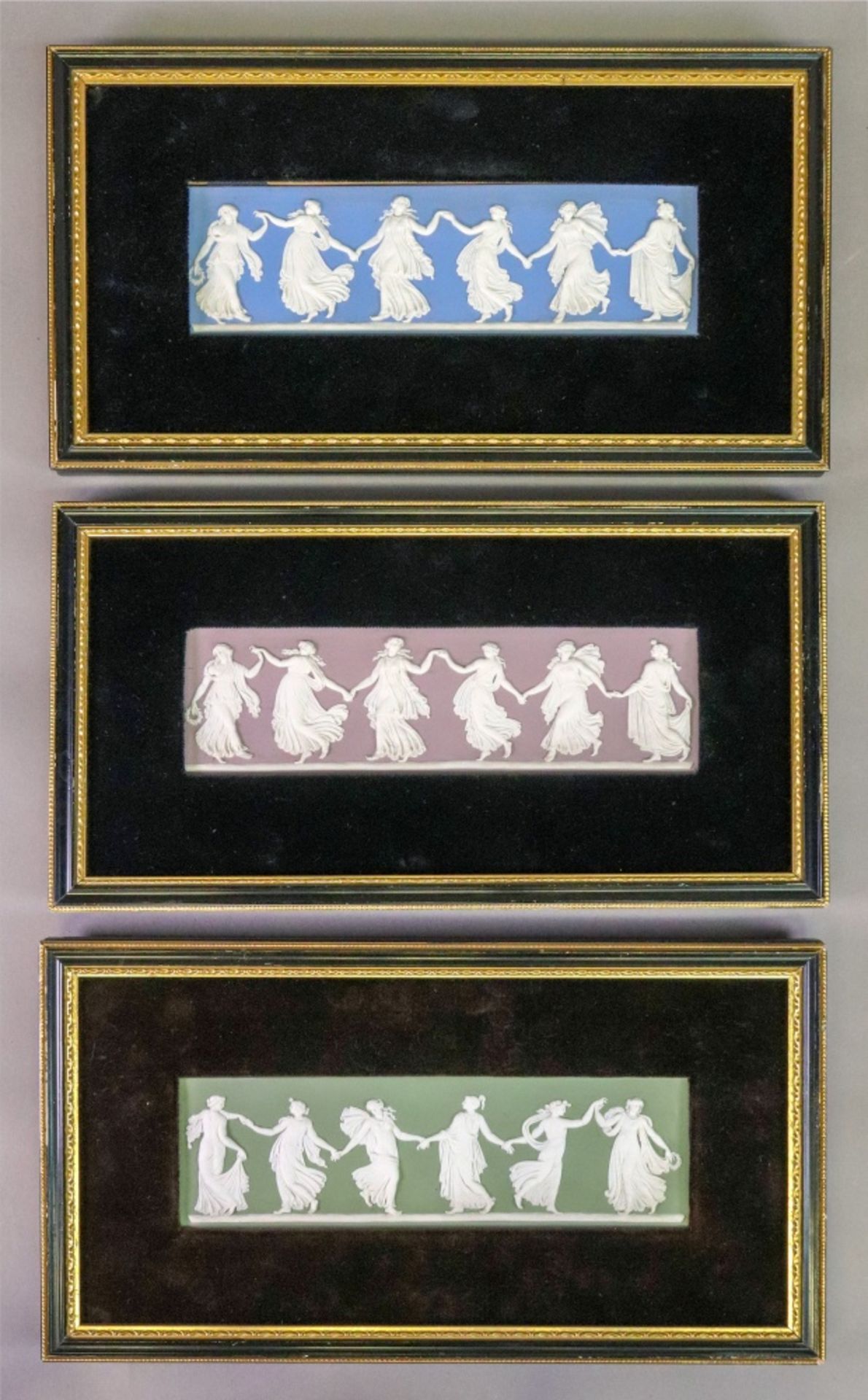 A set of three Wedgwood jasper dip rectangular plaques, Dancing Hours, each 6.5 x 21.