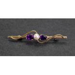 A 9ct gold, amethyst and cultured pearl bar brooch, the central cultured pearl,