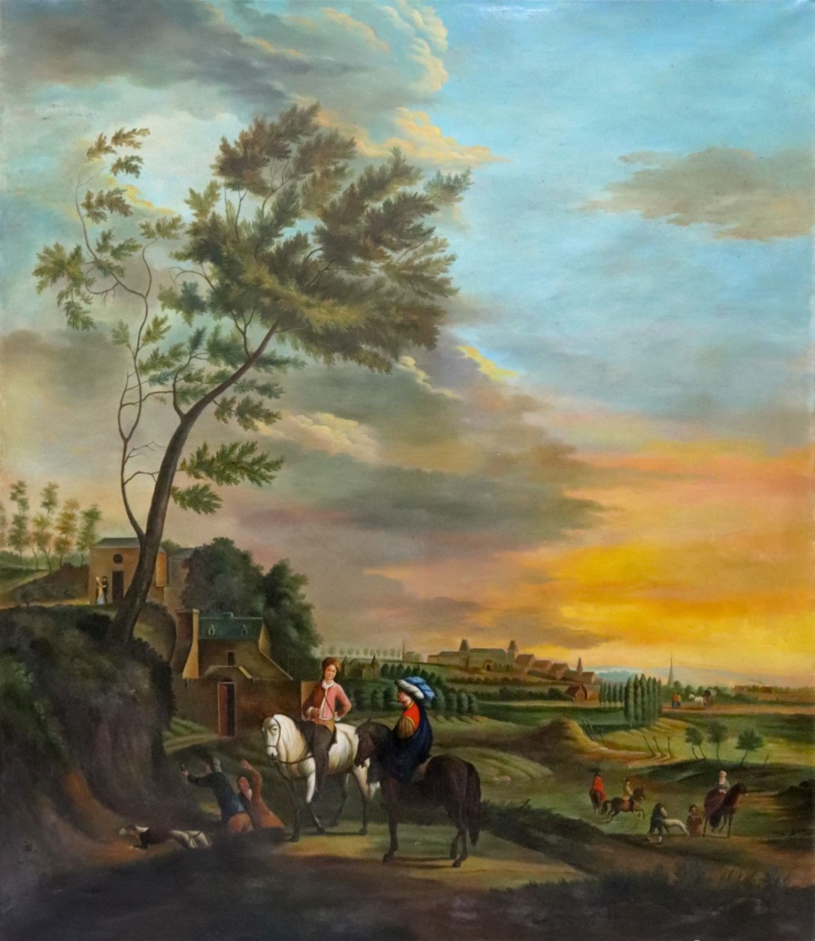 European School, 19th Century, Figures on horses in an extensive landscape, with a village beyond,