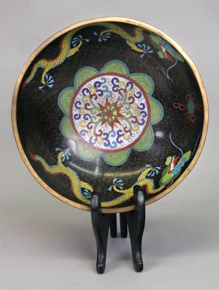 A Chinese cloisonne bowl, decorated with dragons and centred by a floral roundel, 22cm diameter, - Image 2 of 4
