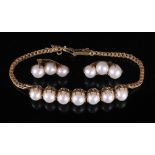 A cultured pearl-set gold bracelet and earring suite,