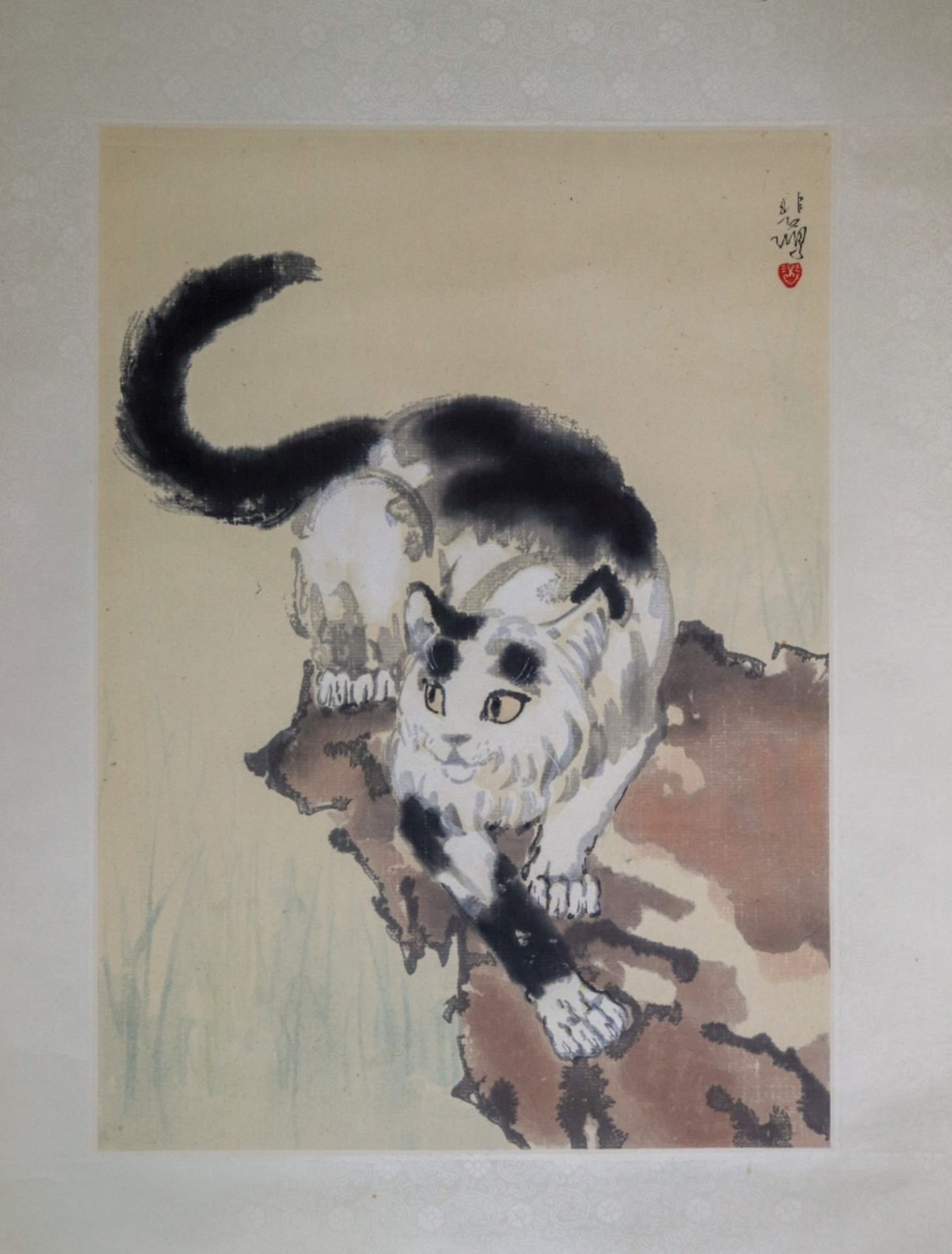 A Chinese scroll of a cat on a rock surrounded by flowers, signed, watercolour, image 106. - Image 5 of 6