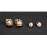 A pair of 18ct gold, cultured pearl and diamond-set earstuds, of stylised heart design,