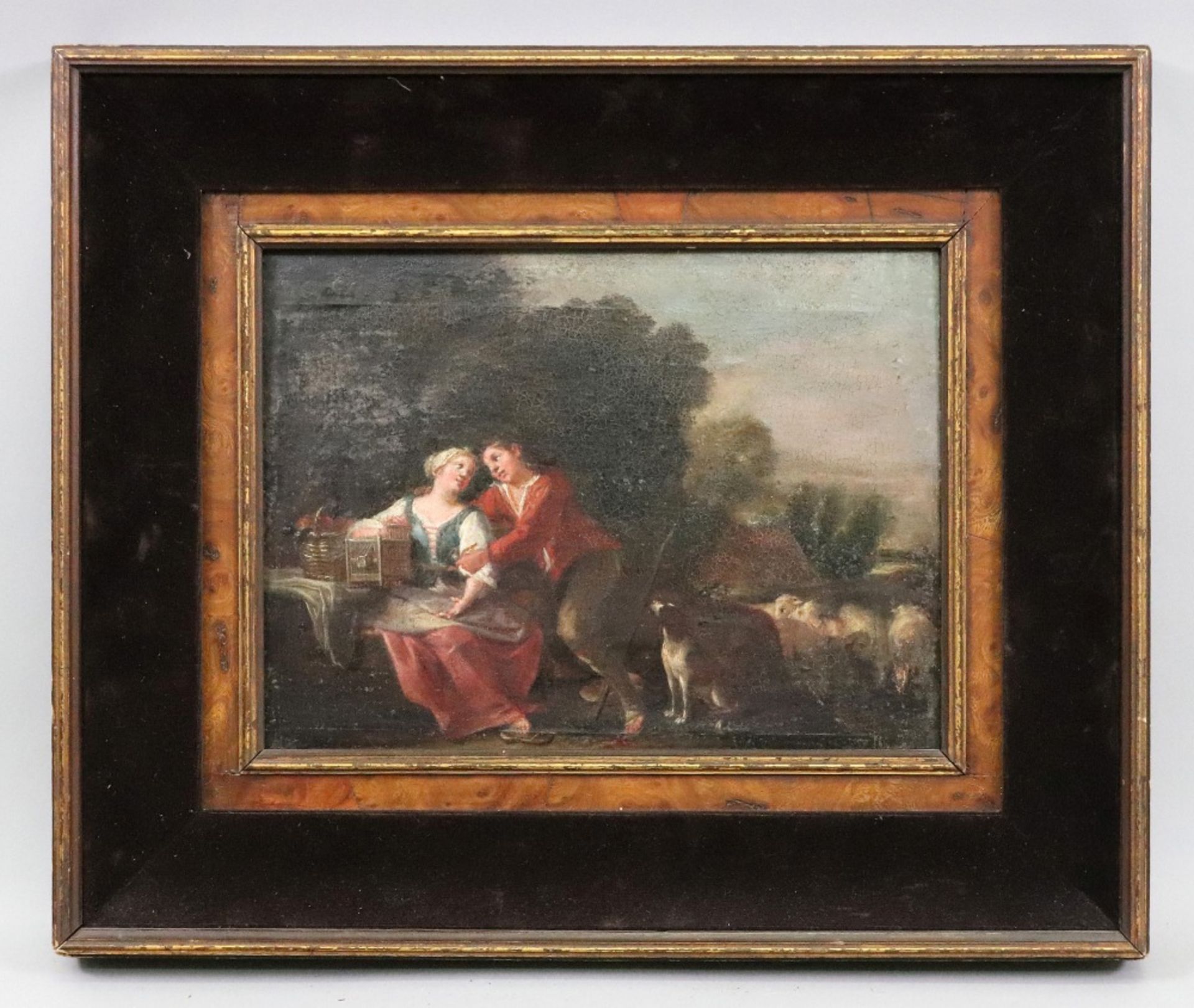 Italian school, 17th century, two lovers in a landscape, bears old label (verso), oil on panel, - Image 2 of 2