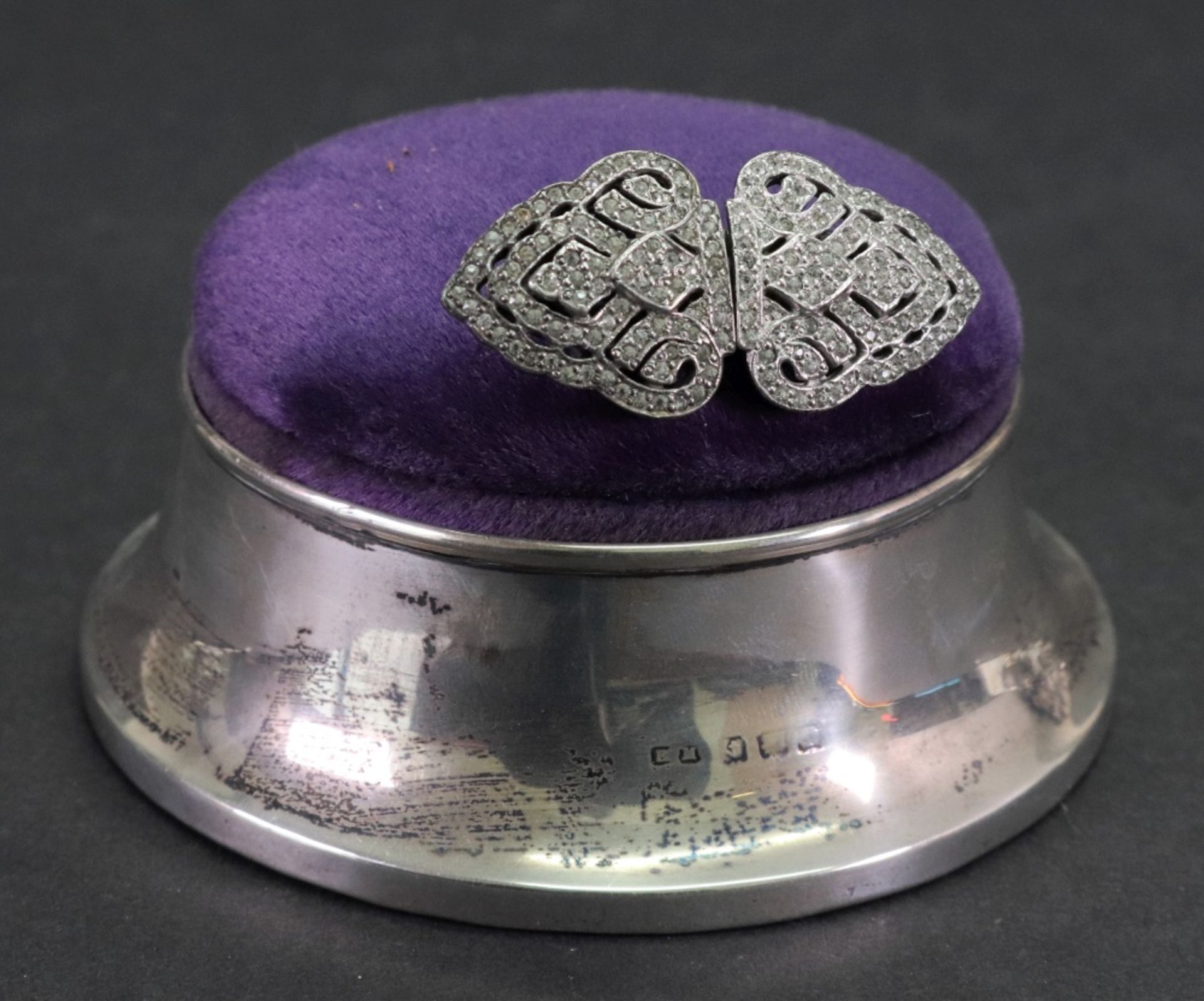 An Edwardian silver mounted capstan shape jewel box, H Matthews, Birmingham, date letter rubbed,
