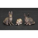 Three Geschutzt Austrian cold painted bronze figures of rabbits, late 19th century, 4cm, 3.5cm & 1.