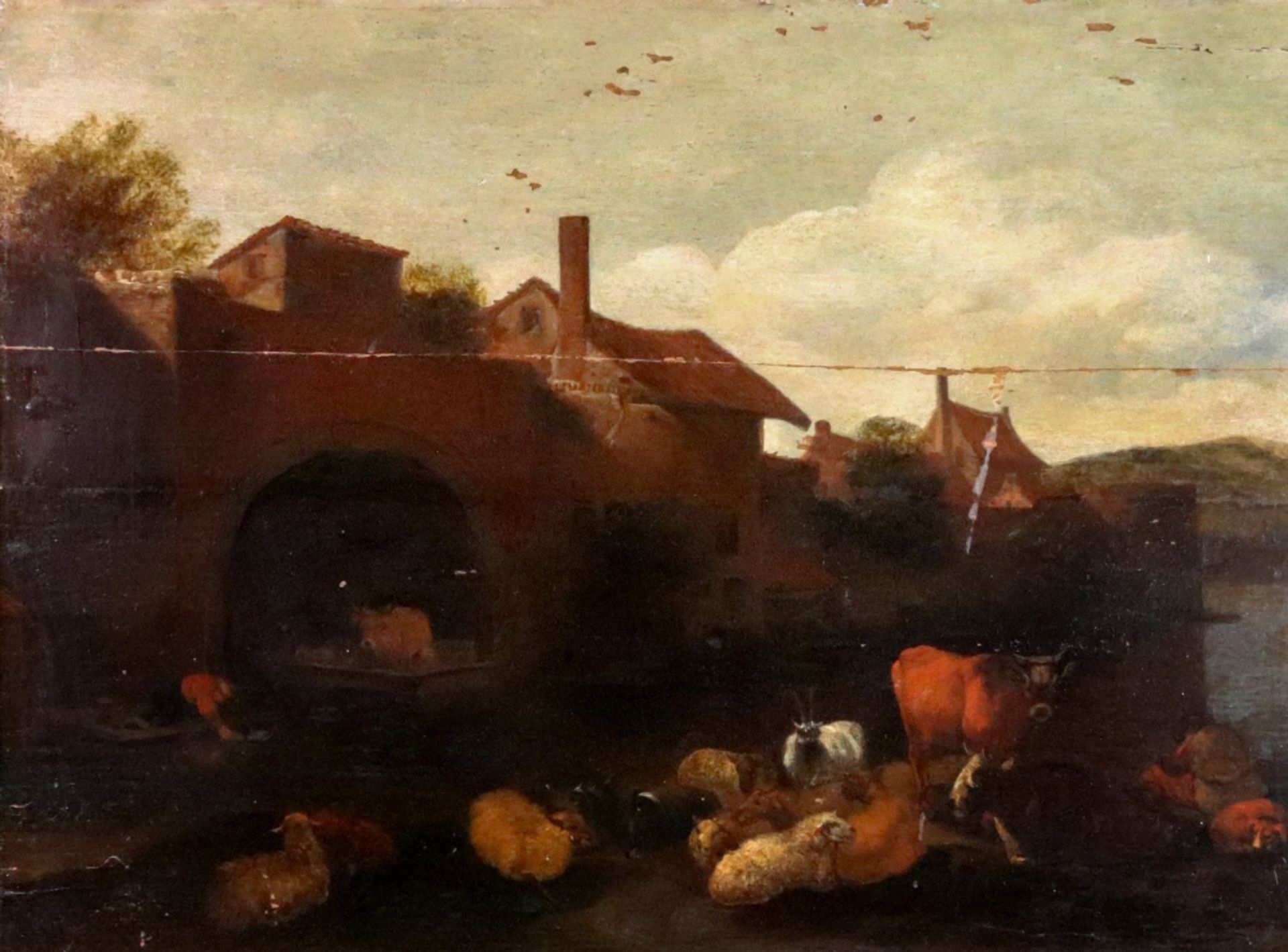 European School, 18th century, Sheep and cattle by a river and buildings, oil on panel, 49 x 66cm.