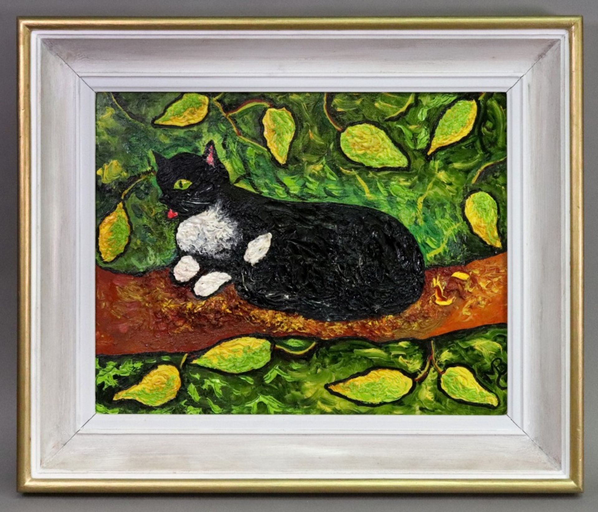 Maria Balfour (British, 1934-2007), A black cat seated on a branch, initialled 'M B' (lower right), - Image 2 of 2
