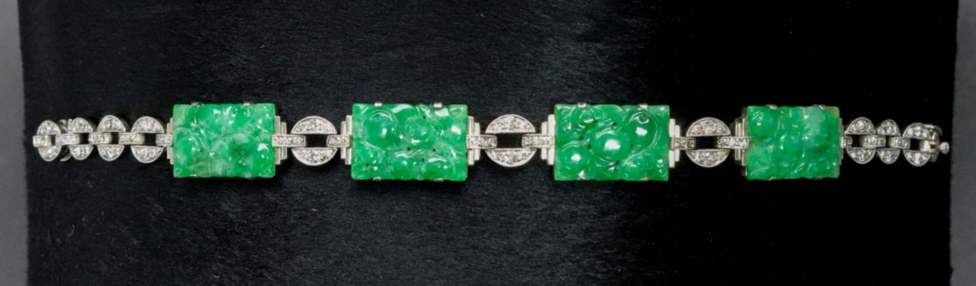 A jadeite and diamond-set bracelet, composed of four carved rectangular jadeite plaques, - Image 6 of 6