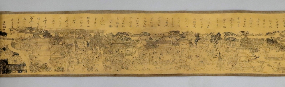 A Chinese scroll, depicting coastal village scenes and script, signed, 435cm long. - Image 2 of 5