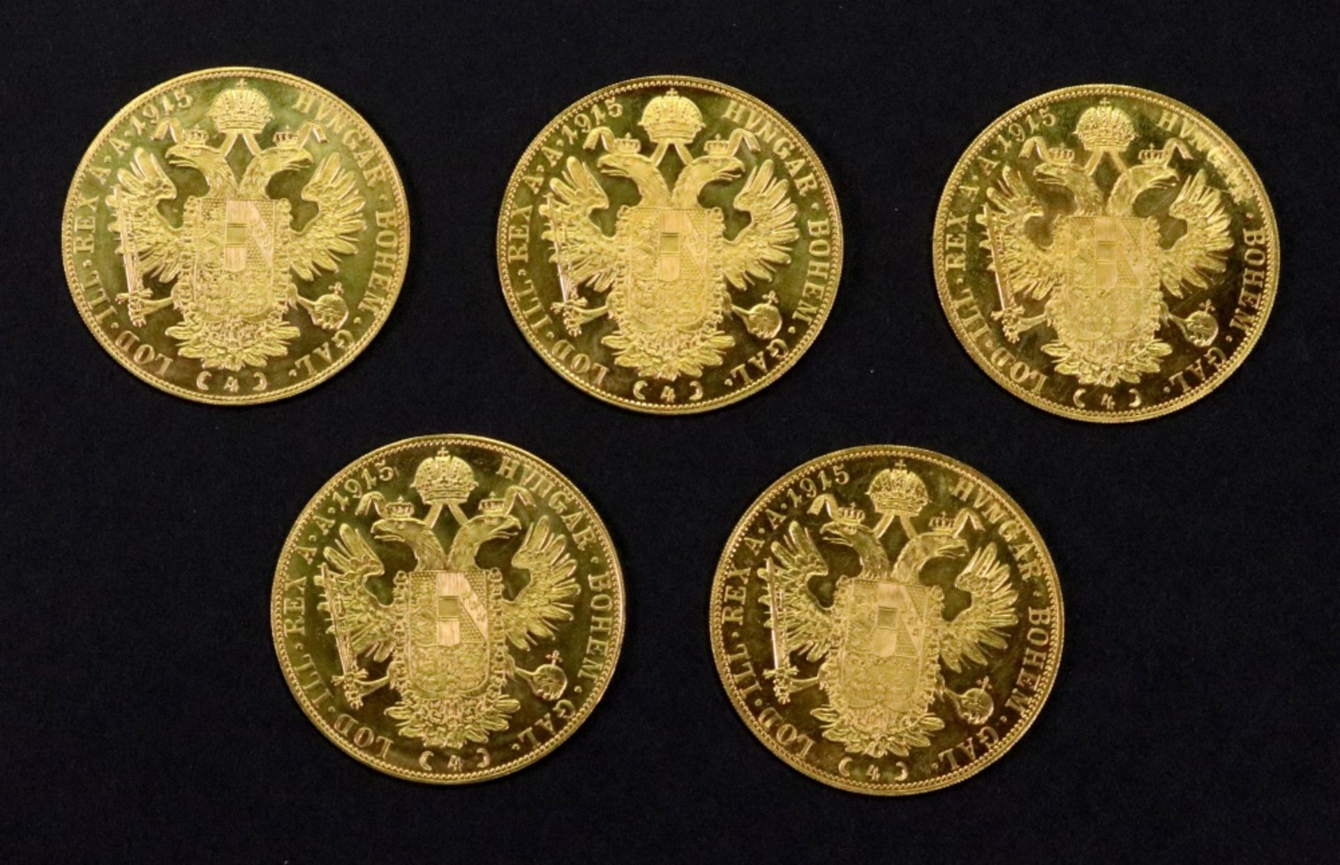Five Austrian 1915 gold 4 ducats, re-struck, 69.8g. - Image 4 of 4