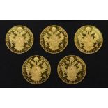 Five Austrian 1915 gold 4 ducats, re-struck, 69.8g.