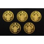 Five Austrian 1915 gold 4 ducats, re-struck, 69.8g.