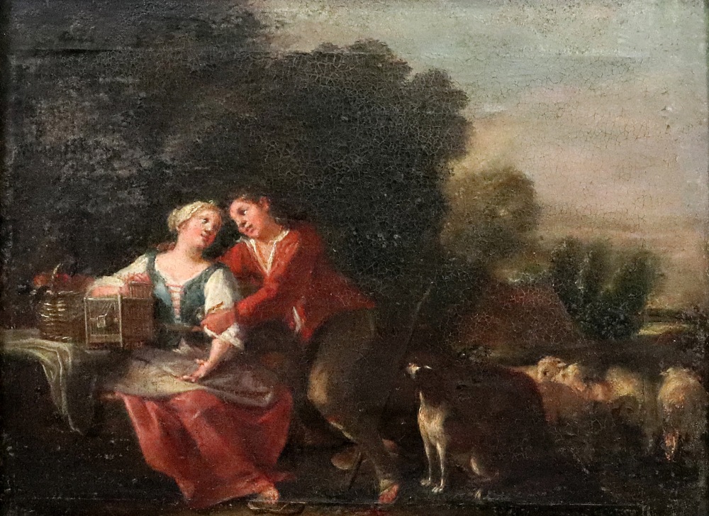 Italian school, 17th century, two lovers in a landscape, bears old label (verso), oil on panel,