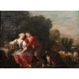 Italian school, 17th century, two lovers in a landscape, bears old label (verso), oil on panel,