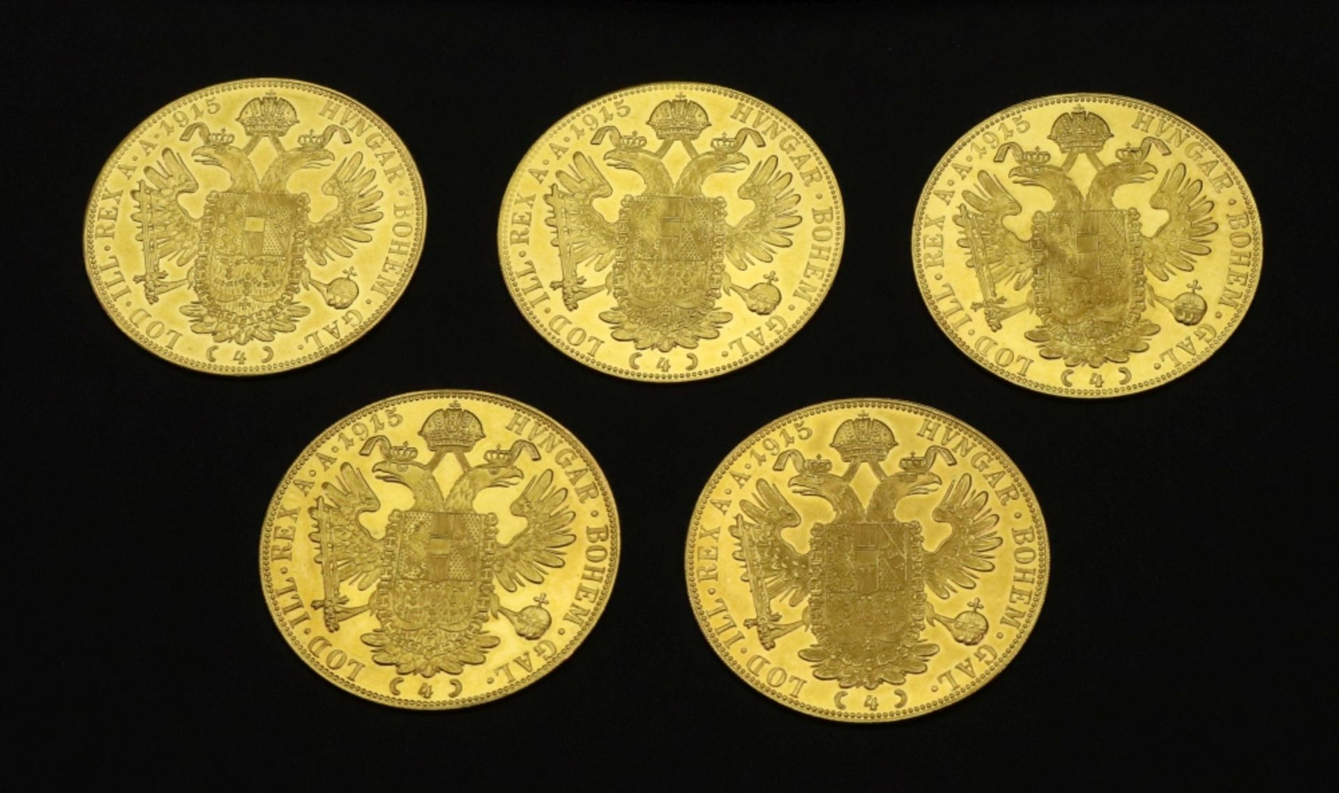 Five Austrian 1915 gold 4 ducats, re-struck, 69.8g. - Image 2 of 4