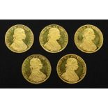 Five Austrian 1915 gold 4 ducats, re-struck, 69.8g.