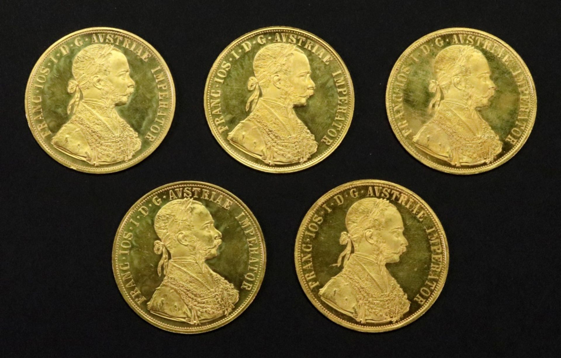 Five Austrian 1915 gold 4 ducats, re-struck, 69.8g.