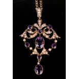 A late 19th century 9ct gold, amethyst and seed pearl-set pendant necklace,
